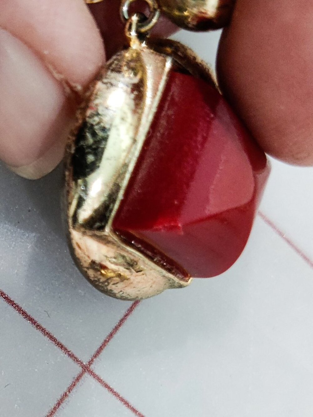 VTG Signed 50s Crown Trifari Gold Tone Red Thermoset Choker Earrings Bracelet - Picture 9 of 12